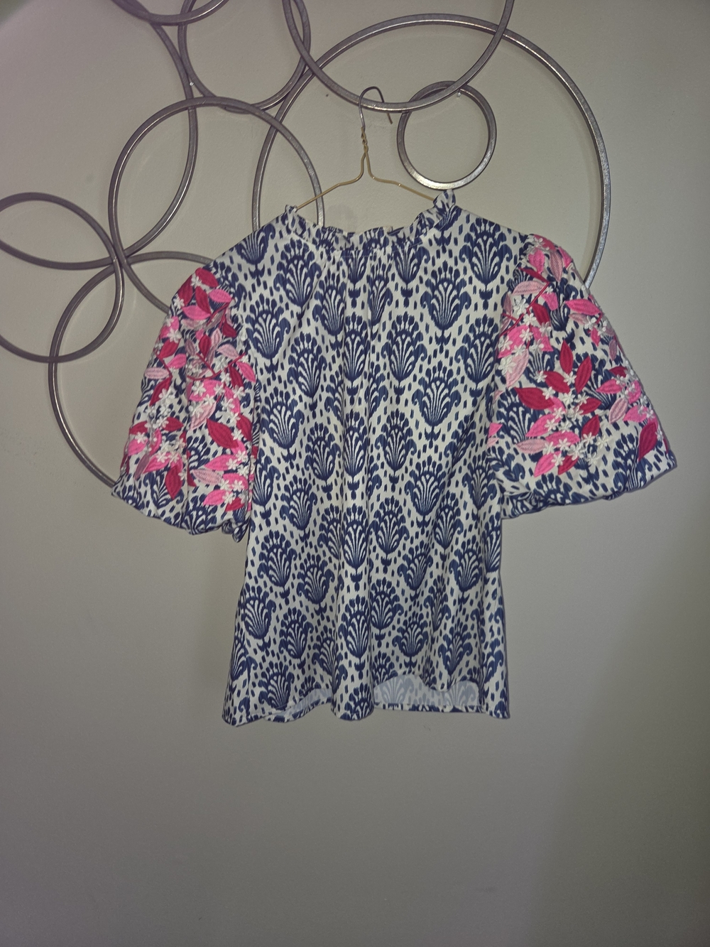 THML Navy & Pink Printed Puff Sleeve Blouse